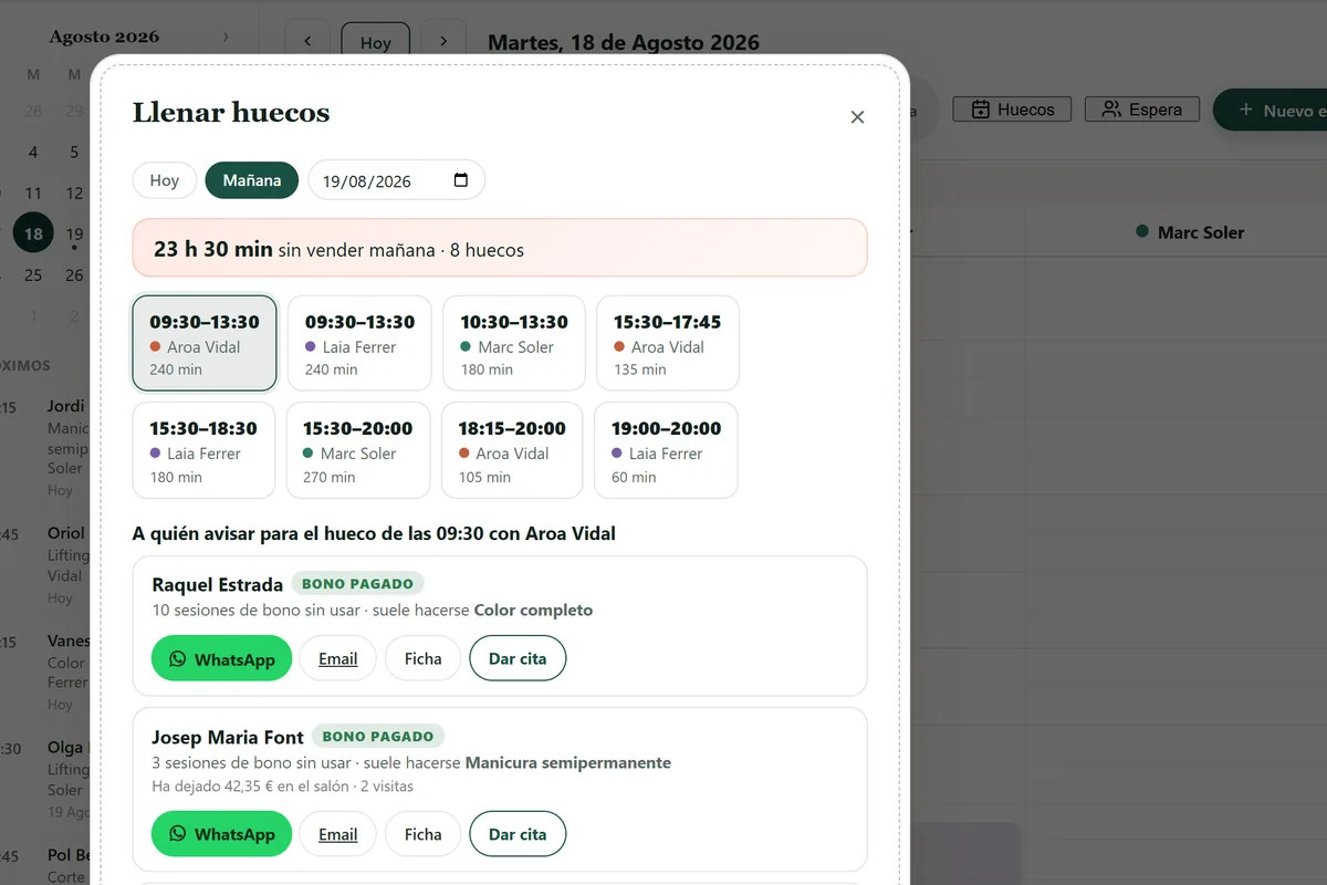 PeluGest muestra los huecos libres de la agenda y a qué clientas avisar para llenarlos